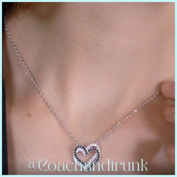 Sterling Silver Black Spinel And White CZ Stylish Double Heart Pendant Necklace - Picture 4 of 5